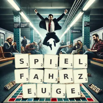 Kreative Illustration für ein Scrabble-Spiel, bei dem das Wort SPIELFAHRZEUGE mit Steinen auf dem Brett gelegt wurde.