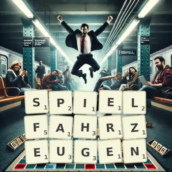 Kreative Illustration für ein Scrabble-Spiel, bei dem das Wort SPIELFAHRZEUGEN mit Steinen auf dem Brett gelegt wurde.