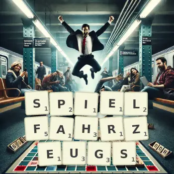 Kreative Illustration für ein Scrabble-Spiel, bei dem das Wort SPIELFAHRZEUGS mit Steinen auf dem Brett gelegt wurde.