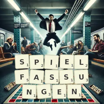 Kreative Illustration für ein Scrabble-Spiel, bei dem das Wort SPIELFASSUNGEN mit Steinen auf dem Brett gelegt wurde.