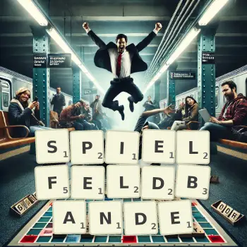 Kreative Illustration für ein Scrabble-Spiel, bei dem das Wort SPIELFELDBANDE mit Steinen auf dem Brett gelegt wurde.