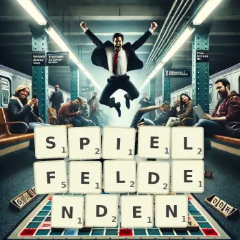 Kreative Illustration für ein Scrabble-Spiel, bei dem das Wort SPIELFELDENDEN mit Steinen auf dem Brett gelegt wurde.