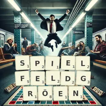 Kreative Illustration für ein Scrabble-Spiel, bei dem das Wort SPIELFELDGRÖEN mit Steinen auf dem Brett gelegt wurde.
