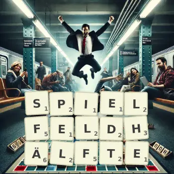 Kreative Illustration für ein Scrabble-Spiel, bei dem das Wort SPIELFELDHÄLFTE mit Steinen auf dem Brett gelegt wurde.