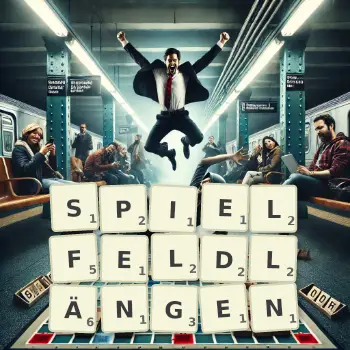 Kreative Illustration für ein Scrabble-Spiel, bei dem das Wort SPIELFELDLÄNGEN mit Steinen auf dem Brett gelegt wurde.
