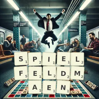 Kreative Illustration für ein Scrabble-Spiel, bei dem das Wort SPIELFELDMAEN mit Steinen auf dem Brett gelegt wurde.