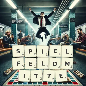 Kreative Illustration für ein Scrabble-Spiel, bei dem das Wort SPIELFELDMITTE mit Steinen auf dem Brett gelegt wurde.