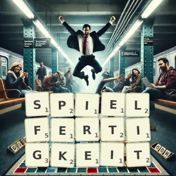 Kreative Illustration für ein Scrabble-Spiel, bei dem das Wort SPIELFERTIGKEIT mit Steinen auf dem Brett gelegt wurde.