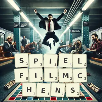 Kreative Illustration für ein Scrabble-Spiel, bei dem das Wort SPIELFILMCHENS mit Steinen auf dem Brett gelegt wurde.