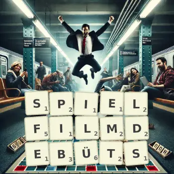 Kreative Illustration für ein Scrabble-Spiel, bei dem das Wort SPIELFILMDEBÜTS mit Steinen auf dem Brett gelegt wurde.