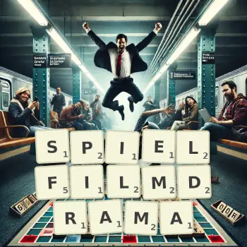 Kreative Illustration für ein Scrabble-Spiel, bei dem das Wort SPIELFILMDRAMA mit Steinen auf dem Brett gelegt wurde.