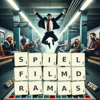 Kreative Illustration für ein Scrabble-Spiel, bei dem das Wort SPIELFILMDRAMAS mit Steinen auf dem Brett gelegt wurde.