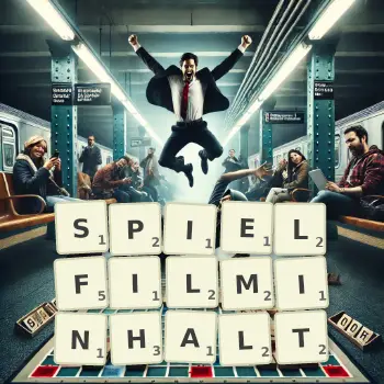 Kreative Illustration für ein Scrabble-Spiel, bei dem das Wort SPIELFILMINHALT mit Steinen auf dem Brett gelegt wurde.