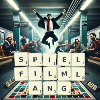 Kreative Illustration für ein Scrabble-Spiel, bei dem das Wort SPIELFILMLANG mit Steinen auf dem Brett gelegt wurde.