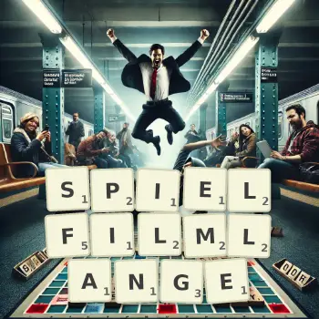 Kreative Illustration für ein Scrabble-Spiel, bei dem das Wort SPIELFILMLANGE mit Steinen auf dem Brett gelegt wurde.