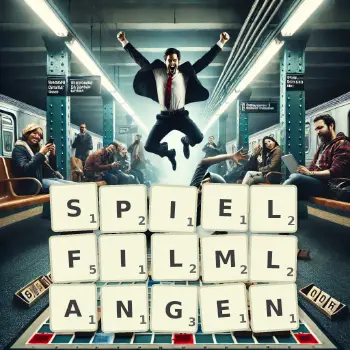 Kreative Illustration für ein Scrabble-Spiel, bei dem das Wort SPIELFILMLANGEN mit Steinen auf dem Brett gelegt wurde.