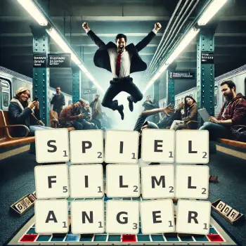 Kreative Illustration für ein Scrabble-Spiel, bei dem das Wort SPIELFILMLANGER mit Steinen auf dem Brett gelegt wurde.