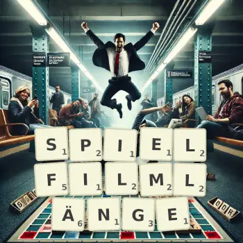 Kreative Illustration für ein Scrabble-Spiel, bei dem das Wort SPIELFILMLÄNGE mit Steinen auf dem Brett gelegt wurde.