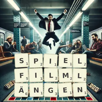 Kreative Illustration für ein Scrabble-Spiel, bei dem das Wort SPIELFILMLÄNGEN mit Steinen auf dem Brett gelegt wurde.
