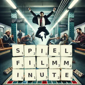 Kreative Illustration für ein Scrabble-Spiel, bei dem das Wort SPIELFILMMINUTE mit Steinen auf dem Brett gelegt wurde.
