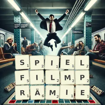 Kreative Illustration für ein Scrabble-Spiel, bei dem das Wort SPIELFILMPRÄMIE mit Steinen auf dem Brett gelegt wurde.