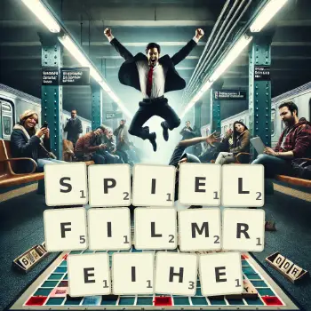 Kreative Illustration für ein Scrabble-Spiel, bei dem das Wort SPIELFILMREIHE mit Steinen auf dem Brett gelegt wurde.