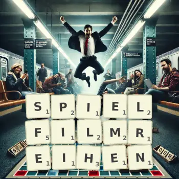 Kreative Illustration für ein Scrabble-Spiel, bei dem das Wort SPIELFILMREIHEN mit Steinen auf dem Brett gelegt wurde.