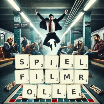 Kreative Illustration für ein Scrabble-Spiel, bei dem das Wort SPIELFILMROLLE mit Steinen auf dem Brett gelegt wurde.