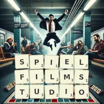 Kreative Illustration für ein Scrabble-Spiel, bei dem das Wort SPIELFILMSTUDIO mit Steinen auf dem Brett gelegt wurde.