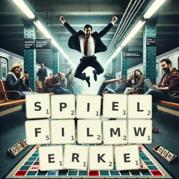 Kreative Illustration für ein Scrabble-Spiel, bei dem das Wort SPIELFILMWERKE mit Steinen auf dem Brett gelegt wurde.