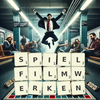 Kreative Illustration für ein Scrabble-Spiel, bei dem das Wort SPIELFILMWERKEN mit Steinen auf dem Brett gelegt wurde.