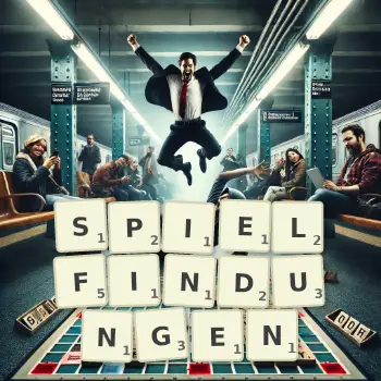Kreative Illustration für ein Scrabble-Spiel, bei dem das Wort SPIELFINDUNGEN mit Steinen auf dem Brett gelegt wurde.