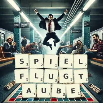 Kreative Illustration für ein Scrabble-Spiel, bei dem das Wort SPIELFLUGTAUBE mit Steinen auf dem Brett gelegt wurde.