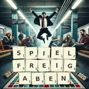 Kreative Illustration für ein Scrabble-Spiel, bei dem das Wort SPIELFREIGABEN mit Steinen auf dem Brett gelegt wurde.