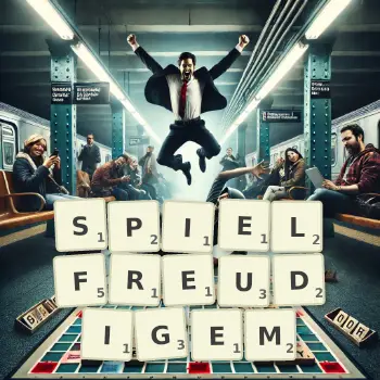 Kreative Illustration für ein Scrabble-Spiel, bei dem das Wort SPIELFREUDIGEM mit Steinen auf dem Brett gelegt wurde.
