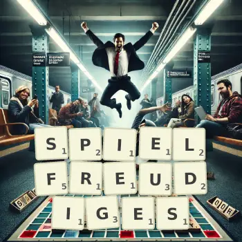 Kreative Illustration für ein Scrabble-Spiel, bei dem das Wort SPIELFREUDIGES mit Steinen auf dem Brett gelegt wurde.
