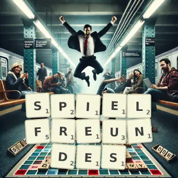 Kreative Illustration für ein Scrabble-Spiel, bei dem das Wort SPIELFREUNDES mit Steinen auf dem Brett gelegt wurde.
