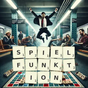 Kreative Illustration für ein Scrabble-Spiel, bei dem das Wort SPIELFUNKTION mit Steinen auf dem Brett gelegt wurde.