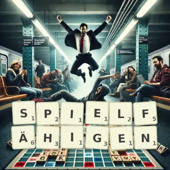 Kreative Illustration für ein Scrabble-Spiel, bei dem das Wort SPIELFÄHIGEN mit Steinen auf dem Brett gelegt wurde.