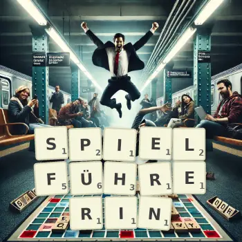 Kreative Illustration für ein Scrabble-Spiel, bei dem das Wort SPIELFÜHRERIN mit Steinen auf dem Brett gelegt wurde.
