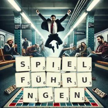 Kreative Illustration für ein Scrabble-Spiel, bei dem das Wort SPIELFÜHRUNGEN mit Steinen auf dem Brett gelegt wurde.