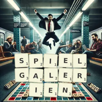 Kreative Illustration für ein Scrabble-Spiel, bei dem das Wort SPIELGALERIEN mit Steinen auf dem Brett gelegt wurde.