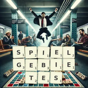 Kreative Illustration für ein Scrabble-Spiel, bei dem das Wort SPIELGEBIETES mit Steinen auf dem Brett gelegt wurde.
