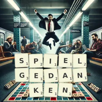 Kreative Illustration für ein Scrabble-Spiel, bei dem das Wort SPIELGEDANKEN mit Steinen auf dem Brett gelegt wurde.