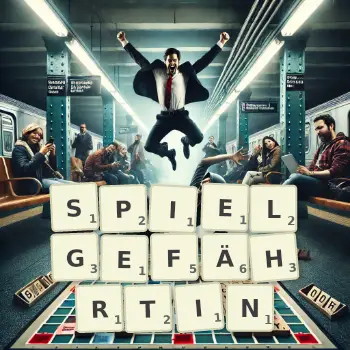 Kreative Illustration für ein Scrabble-Spiel, bei dem das Wort SPIELGEFÄHRTIN mit Steinen auf dem Brett gelegt wurde.
