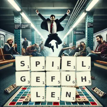 Kreative Illustration für ein Scrabble-Spiel, bei dem das Wort SPIELGEFÜHLEN mit Steinen auf dem Brett gelegt wurde.