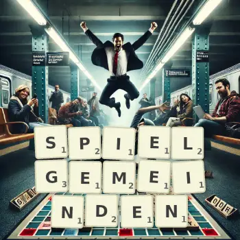 Kreative Illustration für ein Scrabble-Spiel, bei dem das Wort SPIELGEMEINDEN mit Steinen auf dem Brett gelegt wurde.