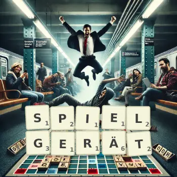 Kreative Illustration für ein Scrabble-Spiel, bei dem das Wort SPIELGERÄT mit Steinen auf dem Brett gelegt wurde.