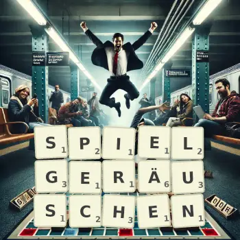 Kreative Illustration für ein Scrabble-Spiel, bei dem das Wort SPIELGERÄUSCHEN mit Steinen auf dem Brett gelegt wurde.