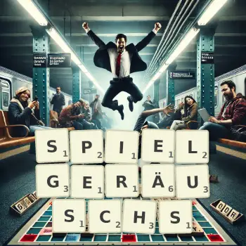 Kreative Illustration für ein Scrabble-Spiel, bei dem das Wort SPIELGERÄUSCHS mit Steinen auf dem Brett gelegt wurde.